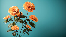 Bouquet Of Marigold Flowers On A Turquoise Background With Copy Space. Day Of The Dead. Dia De Los Muertos.