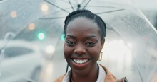 Black Woman, Travel And Outdoor With Umbrella And Face, Insurance And Rain With Smile In City. Commute, Journey To Work And Wet Winter Weather, Urban Street And Professional In Portrait With Security