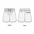 Illustration of sports shorts with drawstring isolated on a white background. Outline sketch of short shorts front and back view. Summer shorts template in casual style.