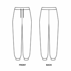 Wall Mural - Outline drawing of joggers trousers isolate on a white background. Technical sketch of joggers, front and back views.