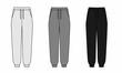 Set of technical drawings of sweatpants, isolate on a white background. Pattern of joggers in gray, white, black colors. Elastic trousers template with pockets, front view.