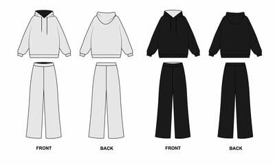 Wall Mural - Technical drawing of a sports suit isolate on a white background. Sketch oversized hoodie front and back views. Sketch of wide long trousers, front and back views. Tracksuits front and back views.