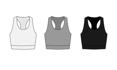 Technical drawing of a sports bra, isolate on a white background. A set of drawings of a women's sports top in gray, white, black colors. Front view short women's tank top template.