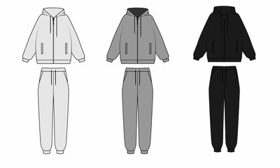 Wall Mural - Technical drawing of a unisex tracksuit isolate on a white background. Sketch hoodie with a zipper in the front and joggers in white, gray, black. Template of a fashionable hoodie and sweatpants