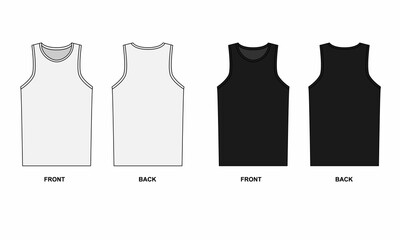 Set of designs of sleeveless round neck T-shirts in white and black colors. Classic T-shirt isolate on a white background. T-shirt template for sports, home and leisure. Sketch of a sports jersey.
