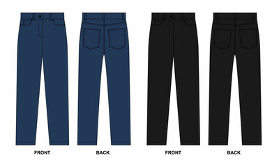 Wall Mural - Technical sketch of classic jeans, isolate on a white background. Drawing of blue and black denim jeans. Straight jeans template front and back views.