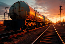 Transportation Tank Cars With Oil During Sunset