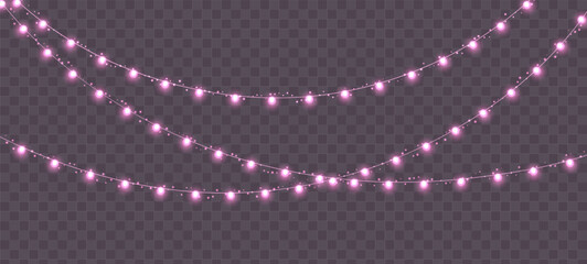 Wall Mural - christmas garland, glowing pink light bulbs string with sparkles. romantic lights isolated on a dark
