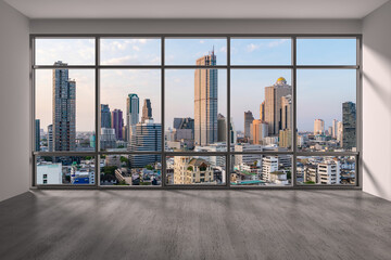 Empty room Interior Skyscrapers View Bangkok. Downtown City Skyline Buildings from High Rise Window. Beautiful Expensive Real Estate overlooking. Sunset. 3d rendering.