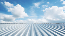 Metal Sheet Roof, Galvanized Surface, Steel Roofing Sheet, House And Sky View With Bright White Clouds In Sunny Day.
