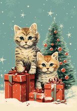 Vintage Christmas Card With Cute Cats, Vintage Christmas Scene With Kittens, Christmas Cats Illustrations, Christmas Kittens, Cats Clip Art