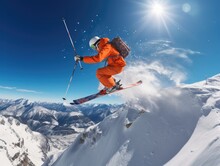 Flying Skier In The Air On Snow Mountain. Extreme Winter Sport
