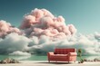 A pink couch sitting on top of a sandy beach. Generative AI image.