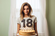 Cute 18 year old teen girl in front of a cake, celebrating her eighteen adulthood birthday , majority or legal age concept