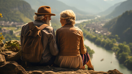 An elderly couple, man and woman, sit next to each other on high rock cliff with landscape mountain, river, beautiful green forest daytime. Honeymoon travel to build love in marriage. bird's eye view.