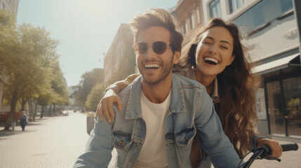 Happy couple on their bicycles in european city street on sunny day