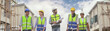 © bigy9950 - Group of happy contractors, engineers and formats in safety vests with helmets stand on the under-construction building site. teamwork concept.
