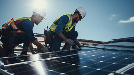 Wall Mural - Group of workers install solar panels on top of a building