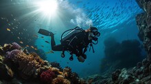 Female Scuba Diver In The Tropical Ocean. Exploring Coral Reef. Schools Of Fish. Generative AI.