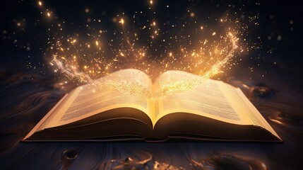 Wall Mural - An open magic book with a bright glow around. Small particles of the book are scattered in the air