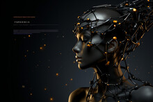 Illustration Of A Cyborg Woman And Ai Technology Background With Customizable Space For Text.