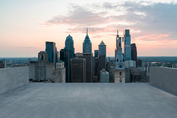 Wall Mural - Skyscrapers Cityscape Downtown, Philladelphia Skyline Buildings. Beautiful Real Estate. Sunset. Empty rooftop View. Success concept.