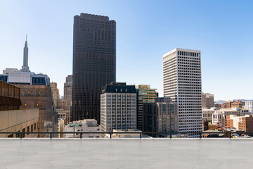 Wall Mural - Skyscrapers Cityscape Downtown, San Francisco Skyline Buildings. Beautiful Real Estate. Day time. Empty rooftop View. Success concept.