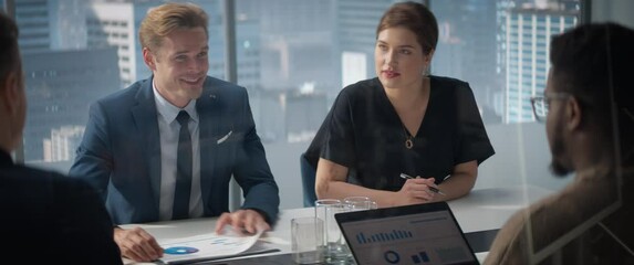 Poster - Corporate Office Conferrence Room: Diverse Male and Female Businesspeople Talking, Discussing Investment Opportunities, Using Laptop. Multiethnic Entreprenuers Working in Tech Startup. Anamorphic Shot