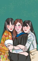 Female Alumni Graduating from University Cheerful Graduates Wearing Congratulations Cartoon