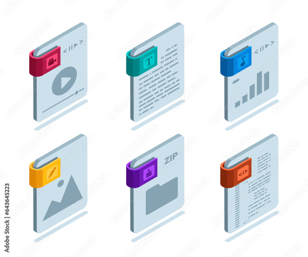 isometric set of icons of files of different formats in color on a ...