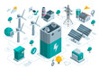 © Trostinka_25 - isometric concept on the topic of clean energy from the sun and wind in color on a white background, a battery with wind turbines and solar panels, green energy