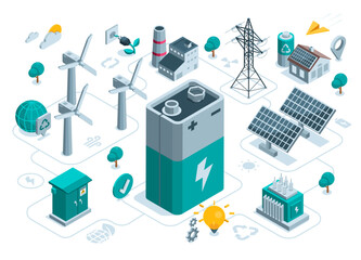 isometric concept on the topic of clean energy from the sun and wind in color on a white background,