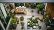 Courtyard with garden relaxation zone in contemporary house aerial view