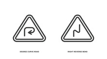 Set Of Traffic Signs Thin Line Icons. Traffic Signs Outline Icons Included Degree Curve Road, Right Reverse Bend Vector.