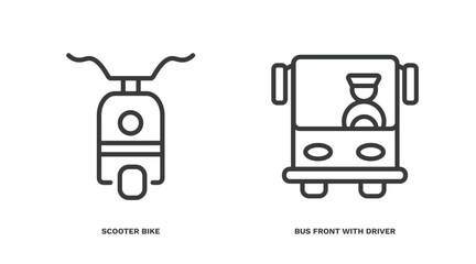 Wall Mural - set of transportation thin line icons. transportation outline icons included scooter bike, bus front with driver vector.