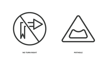 Sticker - set of traffic signs thin line icons. traffic signs outline icons included no turn right, pothole vector.