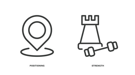 set of strategy thin line icons. strategy outline icons included positioning, strength vector.