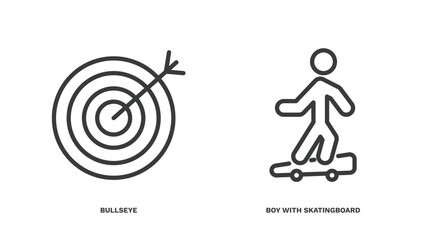 Wall Mural - set of sport and game thin line icons. sport and game outline icons included bullseye, boy with skatingboard vector.