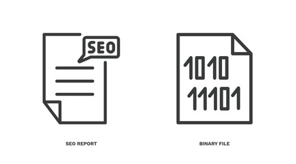 set of information technology thin line icons. information technology outline icons included seo report, binary file vector.