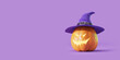 Pumpkin with a face in a witch's hat. Halloween concept. 3d rendering.