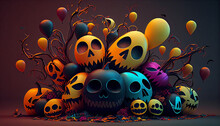 Decoracao De Baloes Com Aboboras Feliz Dia Das Bruxas, Decorativos Para Festa De Halloween Dia Dos Mortos, Ai Generated Image