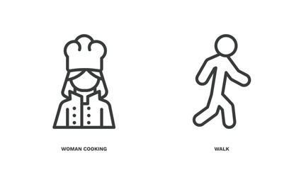 Wall Mural - set of humans and behavior thin line icons. humans and behavior outline icons included woman cooking, walk vector.
