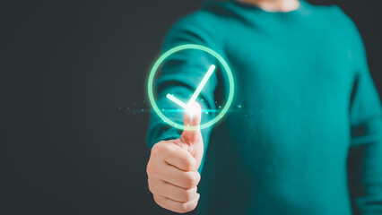 Poster - Man is pressing identity proofing icon for security protection systems on virtual screen. Certified guarantee approval or secure access system. Quality assurance of business services concept.