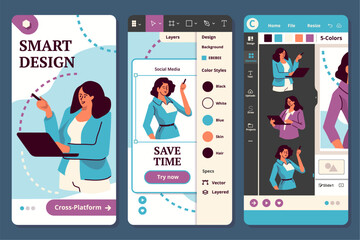 Women in STEM concept a Figma bundle. Set of character situations and scenes of a woman giving a presentation, leading a meeting, and brainstorming with a team. Vector illustrations in flat web design