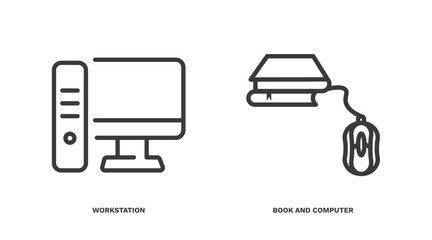 Wall Mural - set of computer and tech thin line icons. computer and tech outline icons included workstation, book