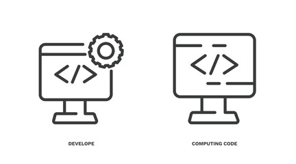 Wall Mural - set of computer and tech thin line icons. computer and tech outline icons included develope, computing code vector.