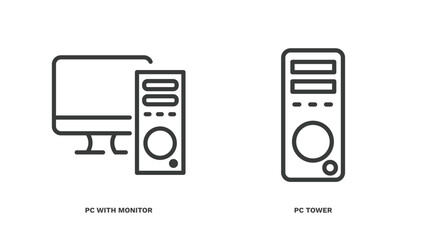 Wall Mural - set of computer and tech thin line icons. computer and tech outline icons included pc with monitor, pc tower vector.