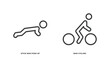 set of behavior and action thin line icons. behavior and action outline icons included stick man push up, man cycling vector.