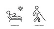 set of behavior and action thin line icons. behavior and action outline icons included man sunbathing, man with broken leg vector.