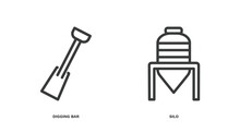 Set Of Agriculture And Farm Thin Line Icons. Agriculture And Farm Outline Icons Included Digging Bar, Silo Vector.